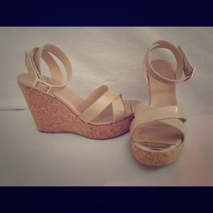 Jimmy Choo Papyrus Cork Wedge Patent Nude Tan 37
